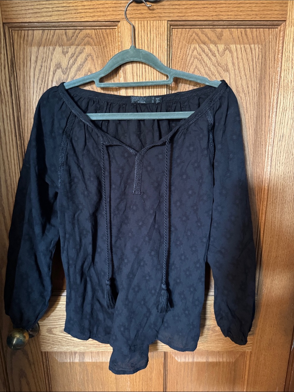 Prana Black Long-Sleeve Peasant Blouse with Tassel Ties